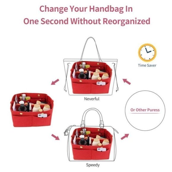 2 Purse Organizer Insert for Louis Vuitton speedy 30 MM & Neverfull GM XL RED - Picture 9 of 12